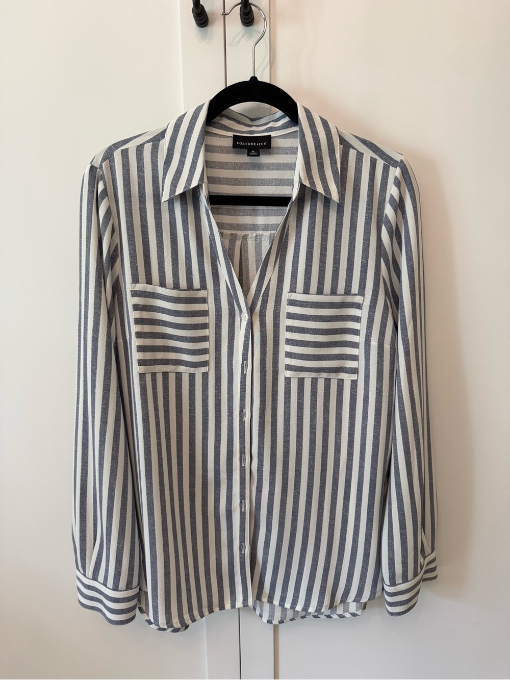 Lady’s Vertical Stripe Button-Up Shirt in Navy and White